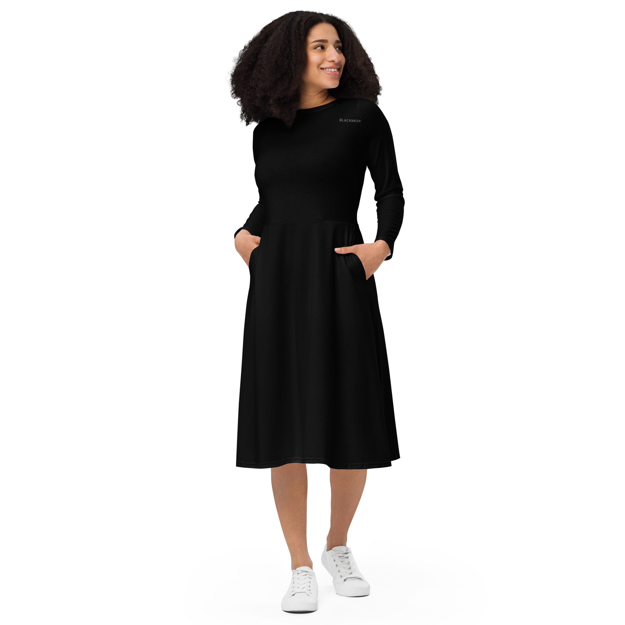 BlackMoxi long sleeve midi dress w/blk lettering