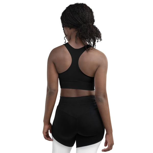 BlackMoxi Longline sports bra w/blk lettering