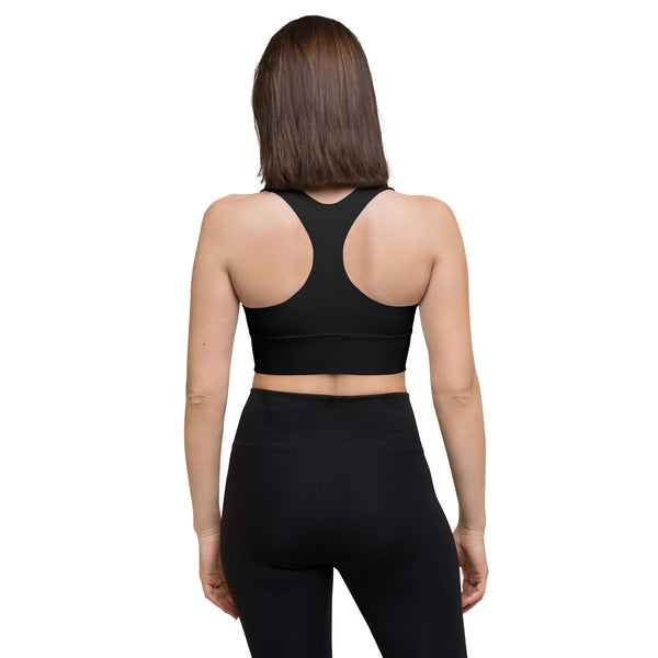 BlackMoxi Longline sports bra w/wht lettering