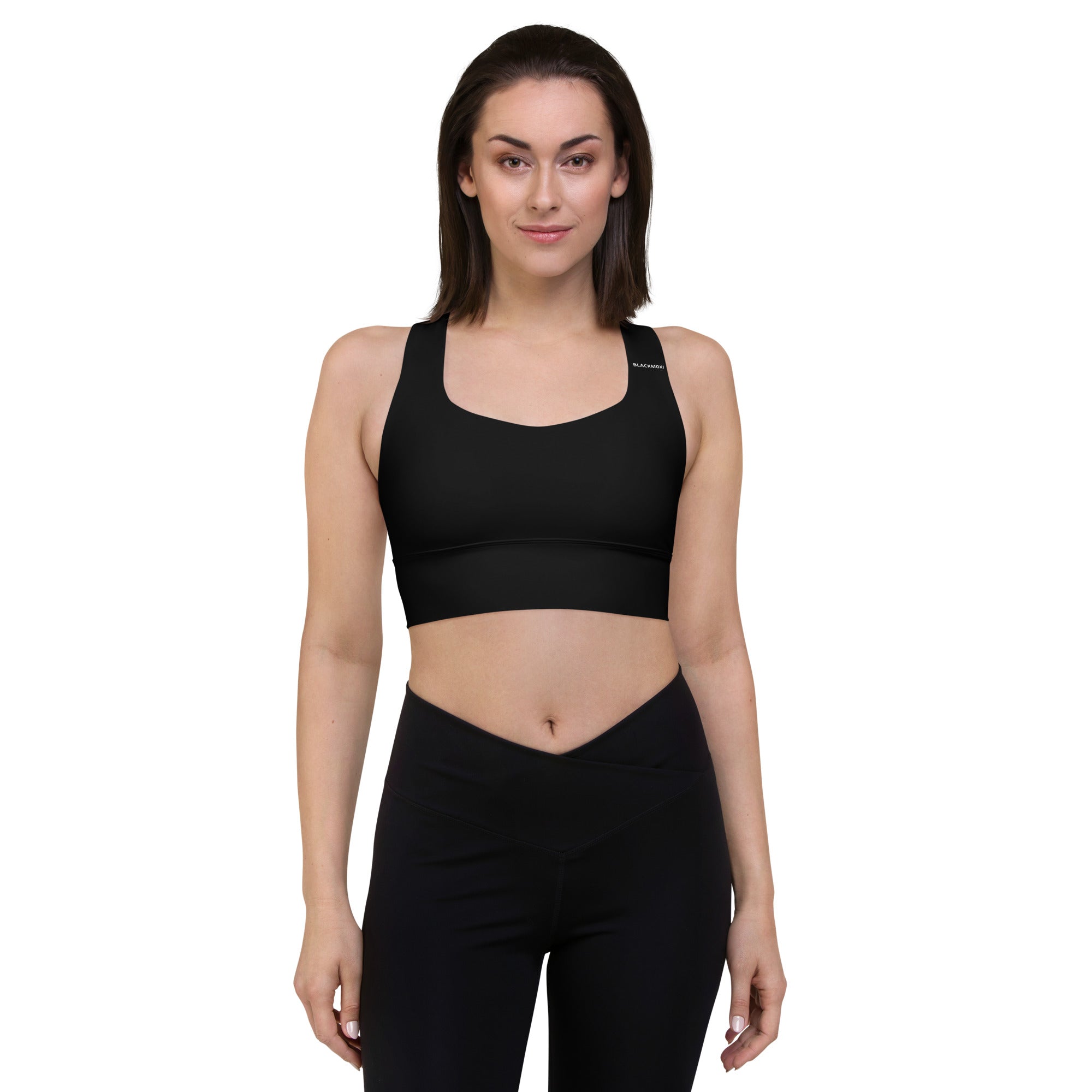 BlackMoxi Longline sports bra w/wht lettering