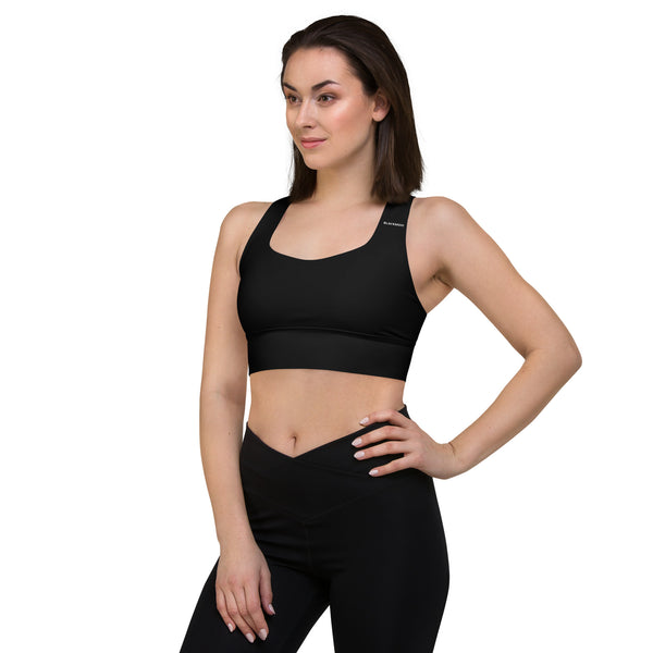 BlackMoxi Longline sports bra w/wht lettering