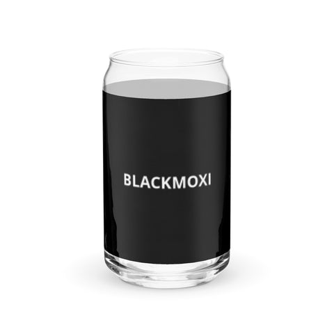 BlackMoxi Can-shaped glass w/wht lettering