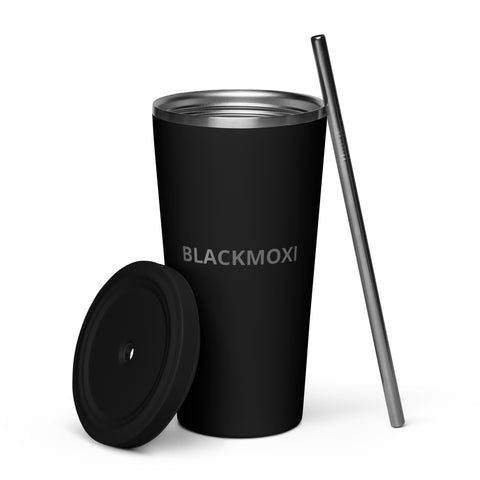 BlackMoxi Insulated tumbler with a straw w/blk lettering