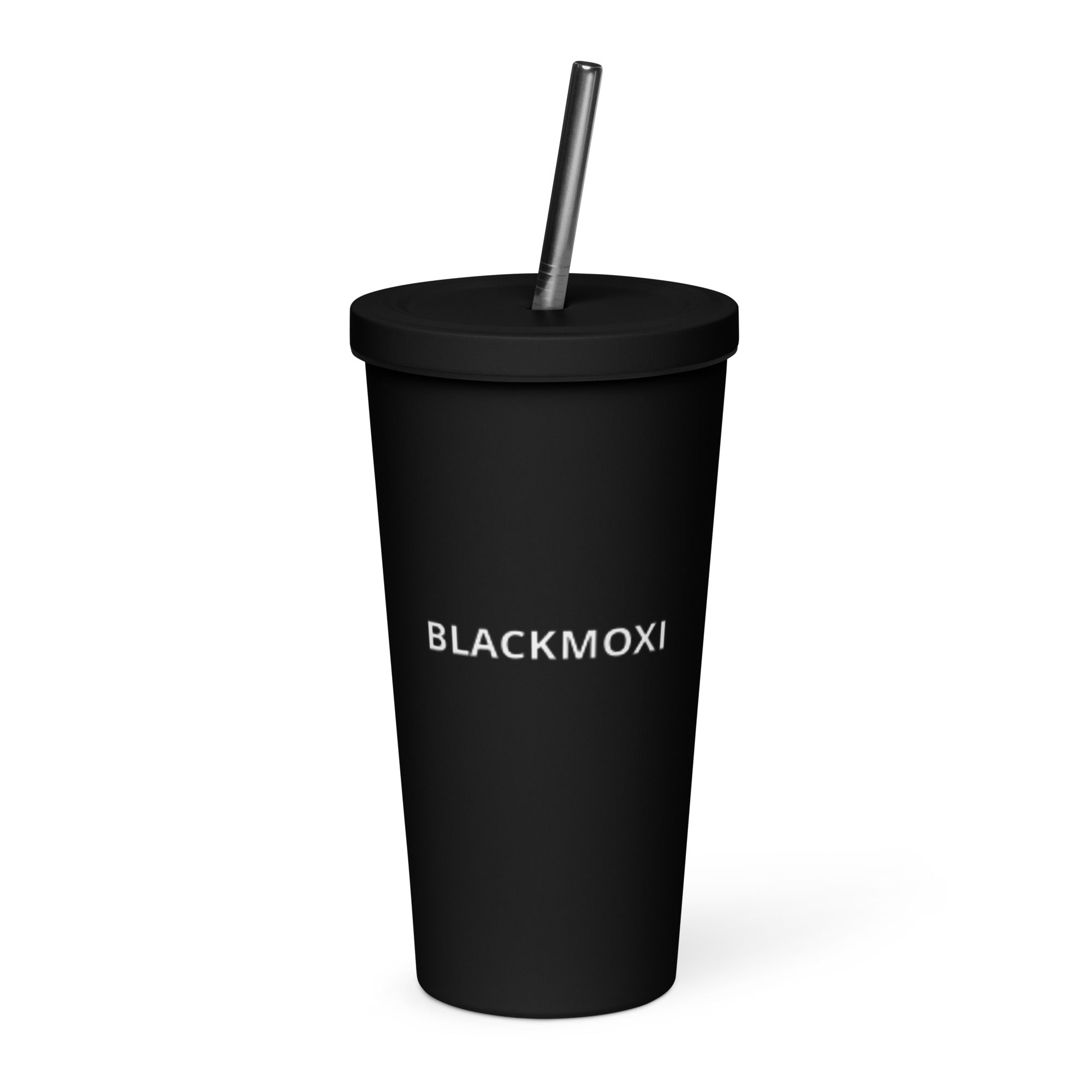 BlackMoxi Insulated tumbler with a straw w/wht lettering