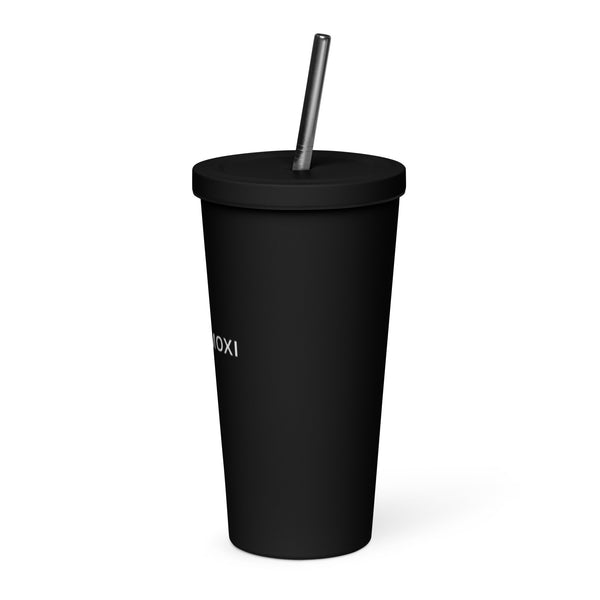 BlackMoxi Insulated tumbler with a straw w/wht lettering