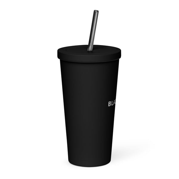 BlackMoxi Insulated tumbler with a straw w/wht lettering