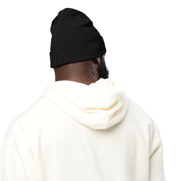 BlackMoxi Organic ribbed beanie w/blk lettering