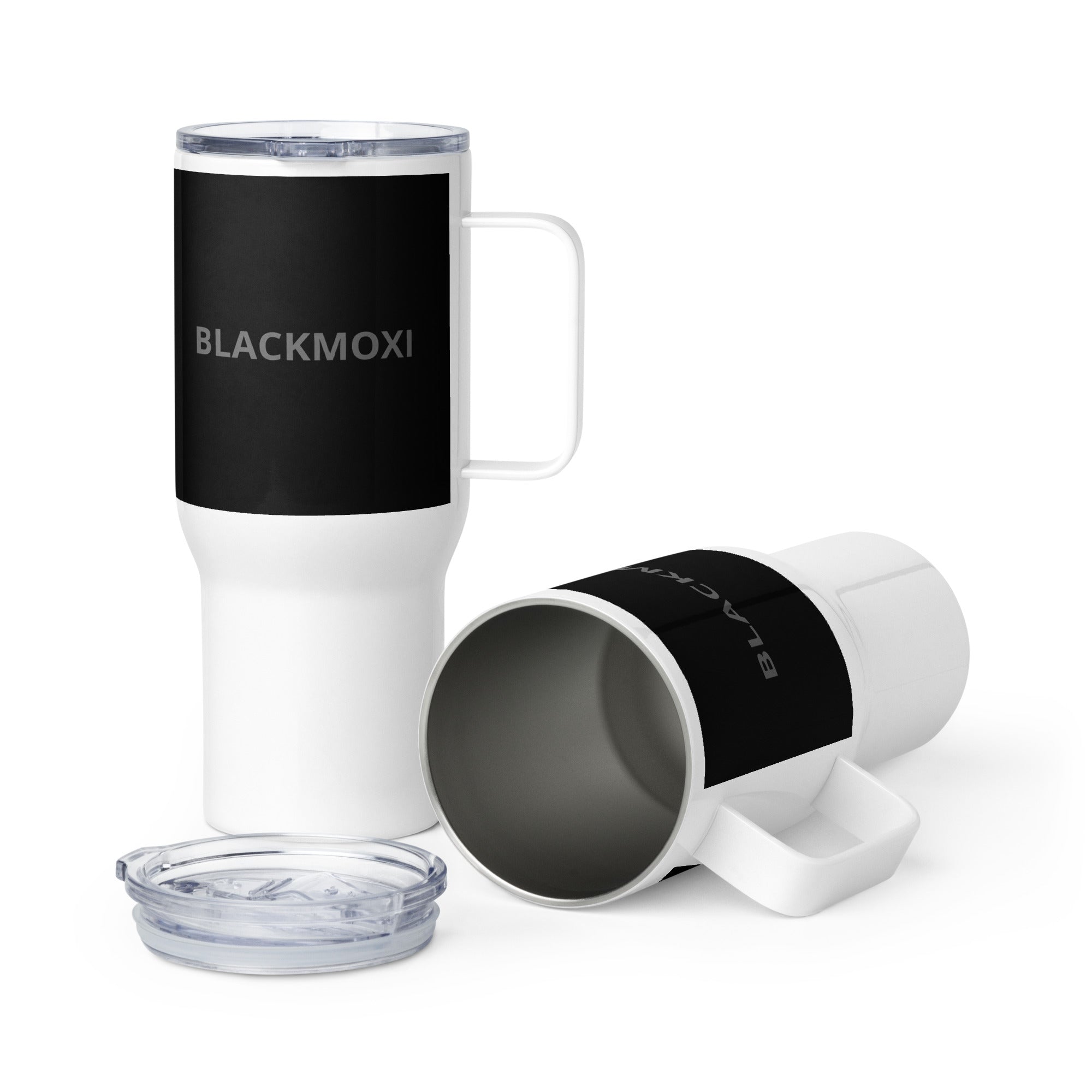 BlackMoxi Travel mug with a handle w/blk lettering