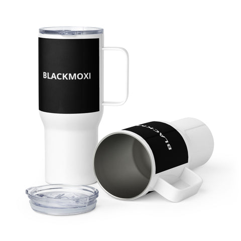 BlackMoxi Travel mug with a handle w/wht lettering