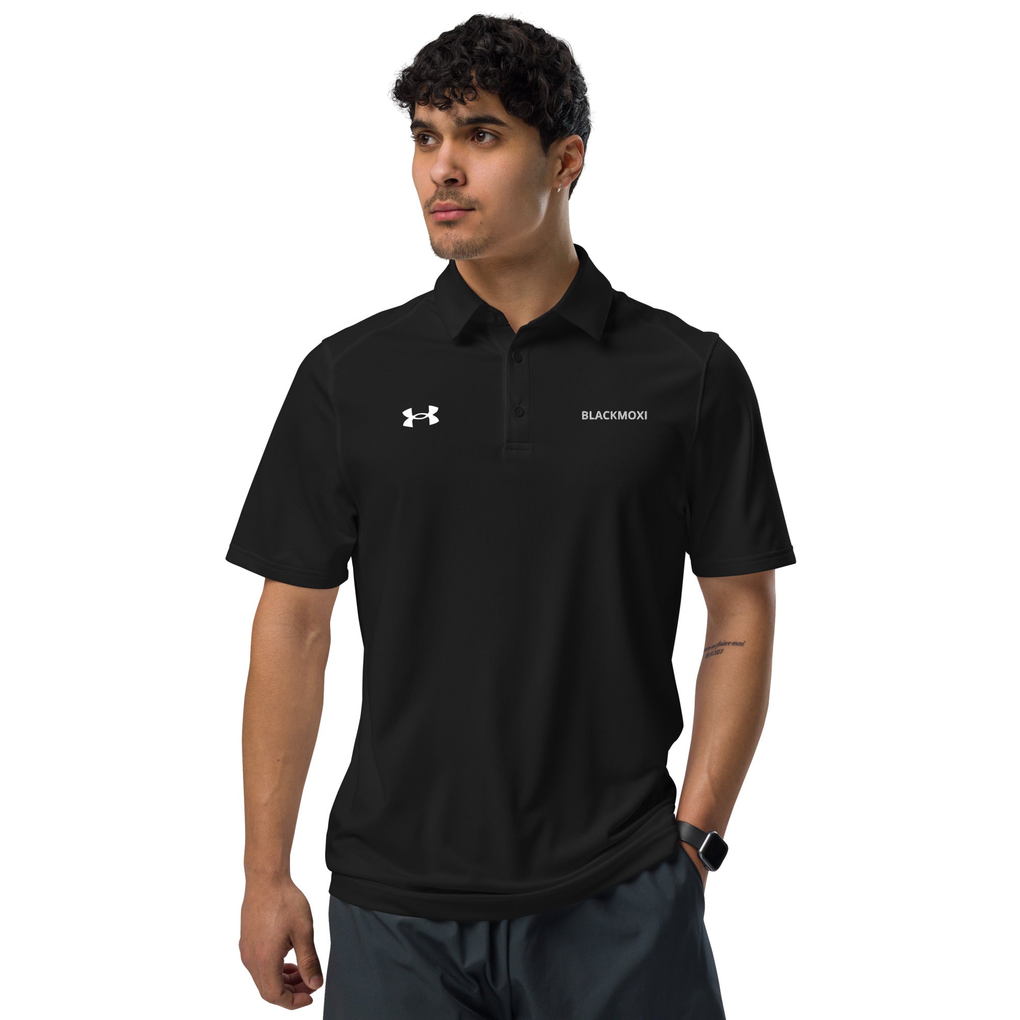 BlackMoxi Under Armour® men's polo w/wht lettering