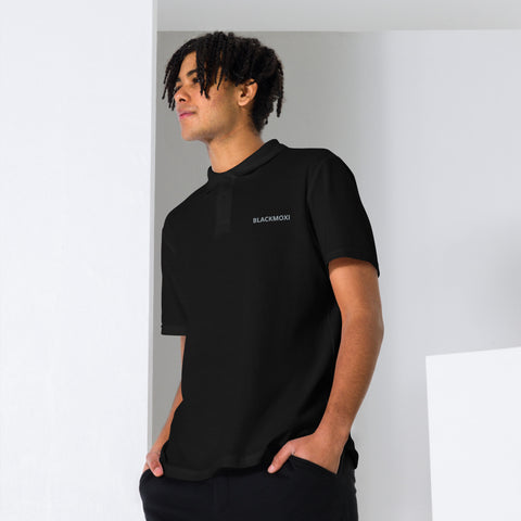 BlackMoxi Unisex pique polo shirt w/blk lettering