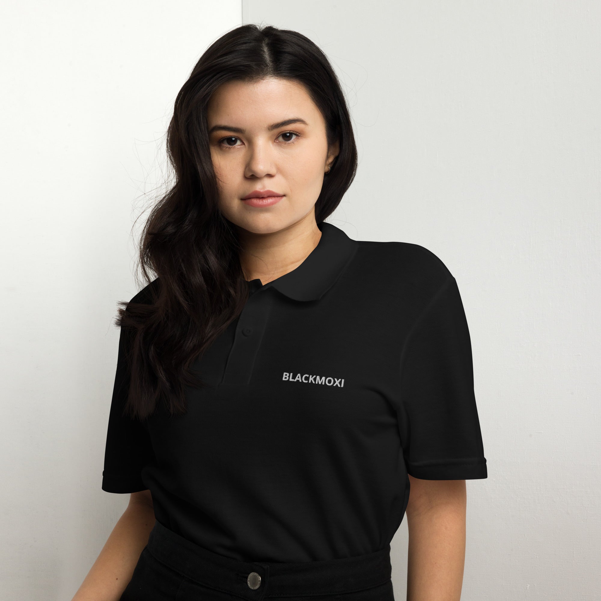 BlackMoxi Unisex pique polo shirt  w/wht lettering