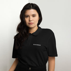 BlackMoxi Unisex pique polo shirt  w/wht lettering