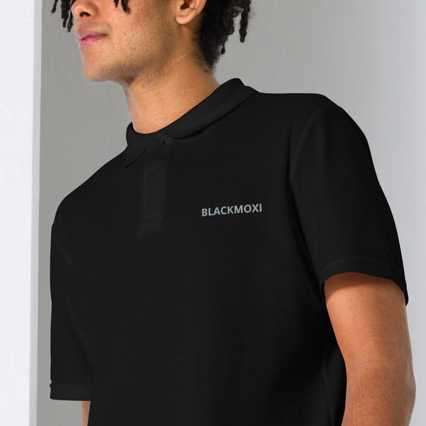 BlackMoxi Unisex pique polo shirt w/blk lettering