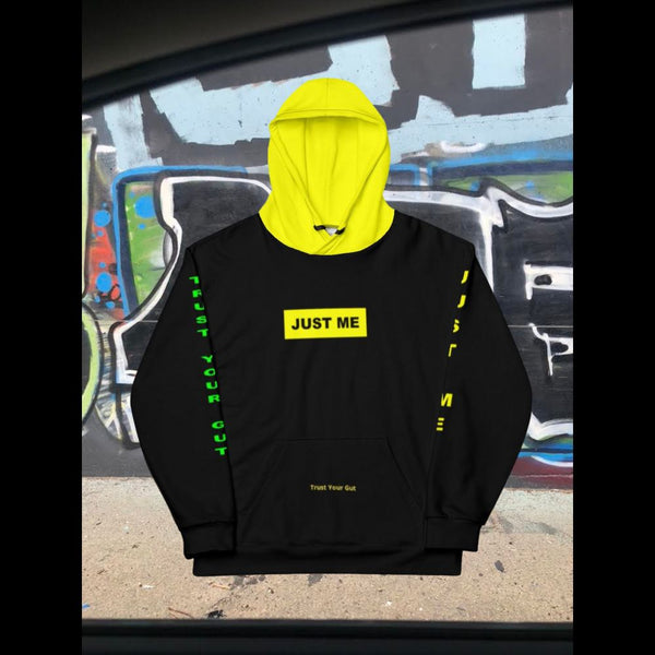 Hoodies4you "Just Me" "Trust Your Gut" Black w/Green Letter and Yellow Hood