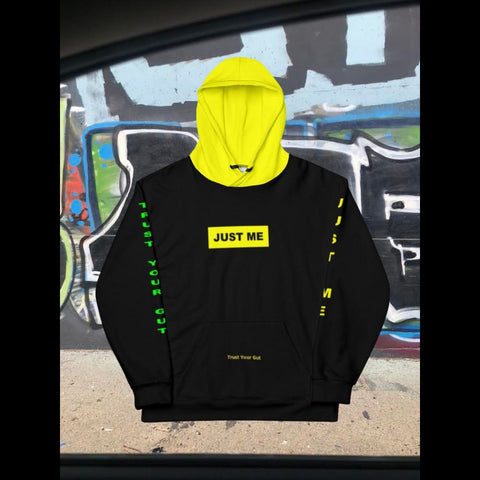 Hoodies4you "Just Me" "Trust Your Gut" Black w/Green Letter and Yellow Hood