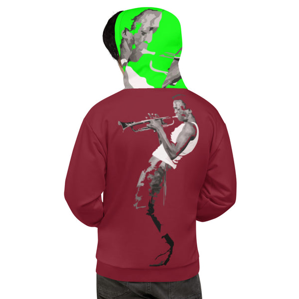 Hoodies4you "Just Me" "Trust Your Gut" Miles Davis Ruby Red w/ Neon Green Hood