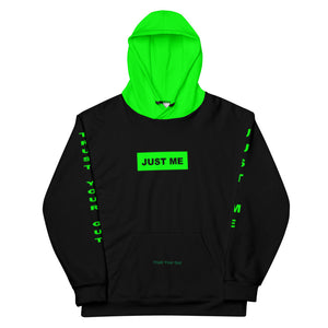 Hoodies4you "Just Me" "Trust Your Gut" Black w/Green Letters and Hood