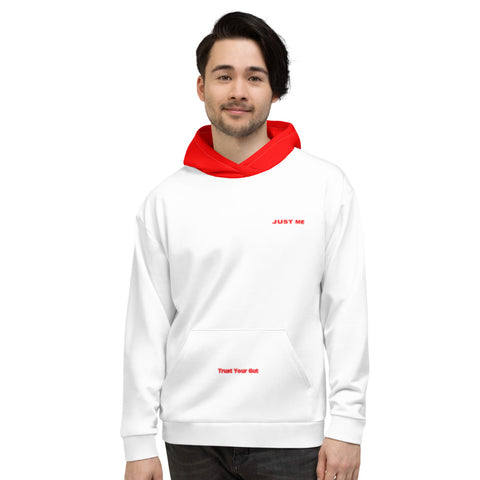 Hoodies4You "Just Me" "Trust Your Gut" White w/Red Letters and Red Hood