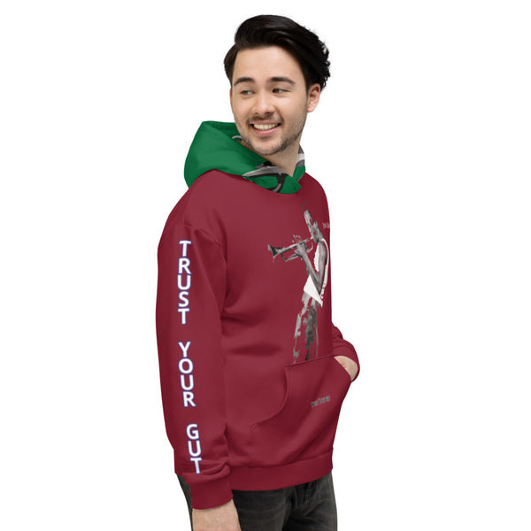 Hoodies4you "Just Me" "Trust Your Gut" Miles Davis Ruby Red w/Forest Green Hood