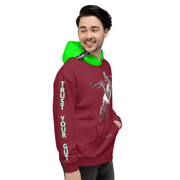 Hoodies4you "Just Me" "Trust Your Gut" Miles Davis Ruby Red w/ Neon Green Hood