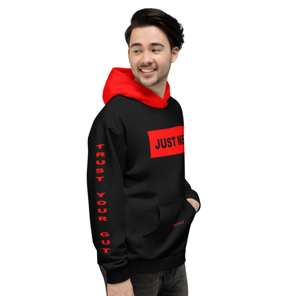 Hoodies4You "Just Me", "Trust Your Gut" Black w/Red Box Letter and Hood
